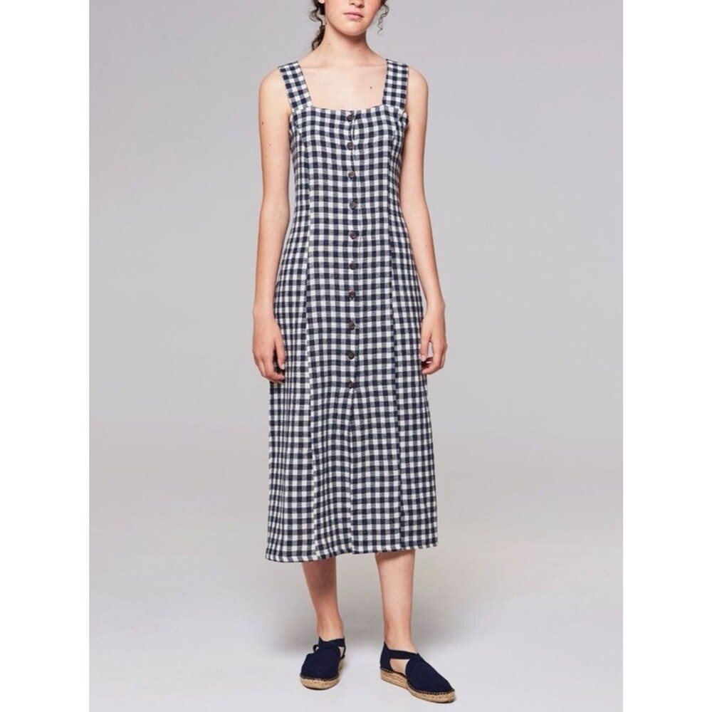 Rita Row Stefan Dress Small Navy Gingham Midi Button Front Linen Blend Portugal